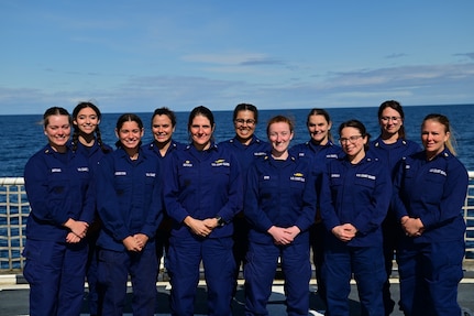 The female command and crew of U.S. Coast Guard Cutter Forward (WMEC 911) pose for a group photo underway in the Atlantic Ocean, Aug. 26, 2023. Forward is a 270-foot, Famous-class medium endurance cutter. The cutter’s primary missions are counter drug operations, migrant interdiction, enforcement of federal fishery laws and search and rescue in support of U.S. Coast Guard operations throughout the Western Hemisphere. (U.S. Coast Guard photo by Petty Officer 3rd Class Mikaela McGee)