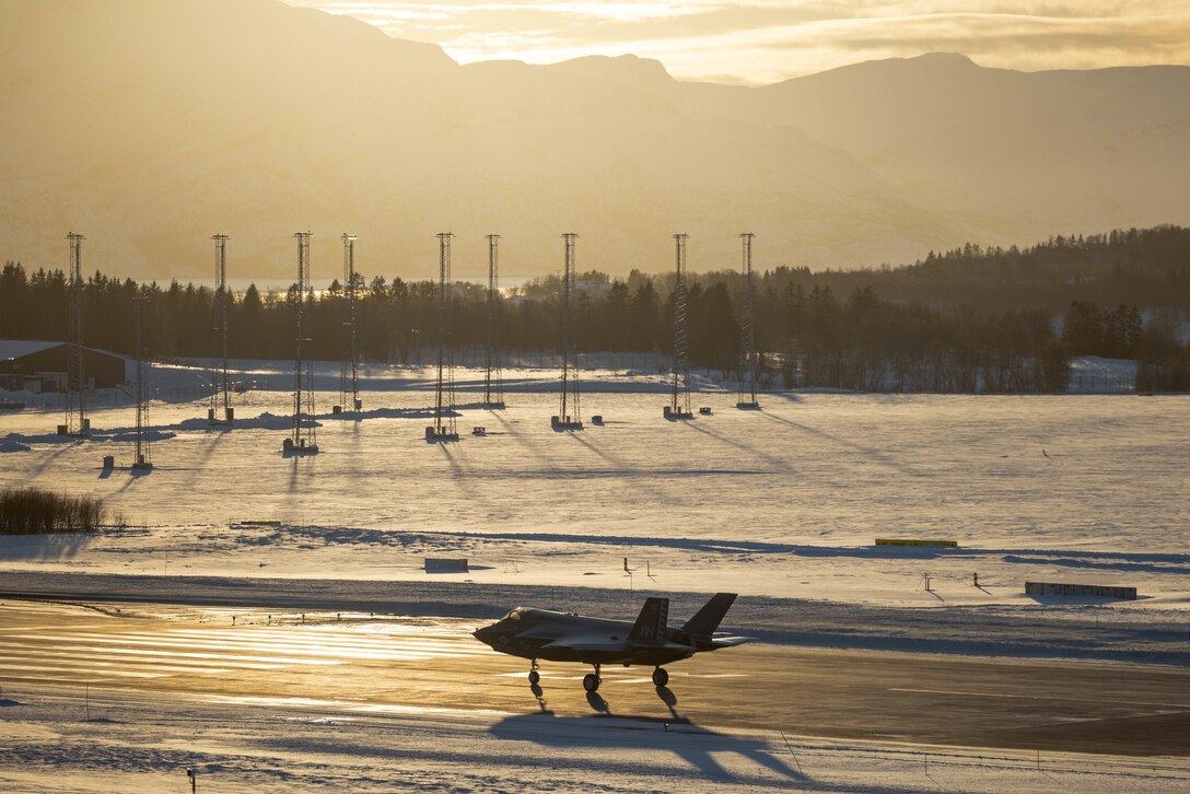 A U.S. Marine Corps F-35B Lightning II jet with Marine Fighter Attack Squadron (VMFA) 542, 2nd Marine Aircraft Wing, lands in preparation for Exercise Nordic Response 24 in Norway, Feb. 16, 2024. Exercise Nordic Response, formerly known as Cold Response, is a NATO training event conducted every two years to promote military competency in arctic environments and to foster interoperability between the U.S. Marine Corps and allied nations. Exercise Nordic Response 24 is VMFA-542's first overseas operational exercise as an F-35B Lightning II jet squadron. ( (U.S. Marine Corps photo by Lance Cpl. Orlanys Diaz Figueroa)