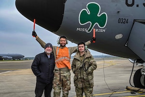 Kyle Reese, left, 100th Logistics Readiness Squadron ground transportation vehicle operator, Airman 1st Class Zedekiah Riley, middle, 100th Aircraft Maintenance Squadron electrical and environmental apprentice, and Senior Airman Cameron Wilson, 100th AMXS electrical and environmental journeyman, stand for a group photo at Royal Air Force Mildenhall, England, Mar. 7, 2024. Transportation and maintenance enable aircraft and aircrew to perform flying operations. (U.S. Air Force photo by Senior Airman Viviam Chiu)