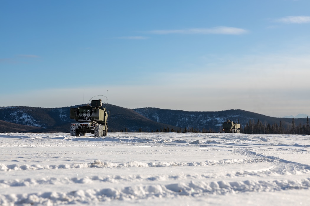 U.S. Marines with Fox Battery, 2nd Battalion, 14th Marine Regiment, 4th Marine Division, Marine Forces Reserve, execute live fire operations as part of a High Mobility Artillery Rocket System (HIMARS) Rapid Infiltration, also known as a HIRAIN, during exercise Arctic Edge 2024 at Eielson Air Force, Alaska, Feb. 24, 2024. The HIRAIN demonstrated Marine Forces Reserve’s ability to rapidly deploy the HIMARS to meet and deter any threats in any environment, including harsh arctic environments. Arctic Edge 2024 (AE24) is a U.S. Northern Command-led homeland defense exercise demonstrating the U.S. military’s capabilities in extreme cold weather, joint force readiness, and U.S. military commitment to mutual strategic security interests in the arctic region. (U.S. Marine Corps photo by Lance Cpl. Madisyn Paschal)