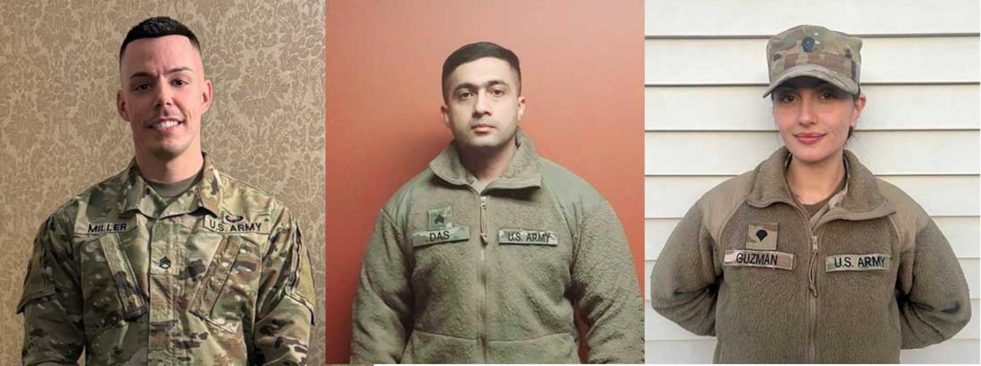 Three New York Army National Guard Soldiers who were on duty at a hotel being used as a migrant shelter in Long Island City, New York, helped apprehend a suspected arsonist and put out the fire he started Jan. 29, 2024. Pictured are, from left, Staff Sgt. Richard Miller, Sgt. Animesh Das, Spc. Jaslin Guzman.