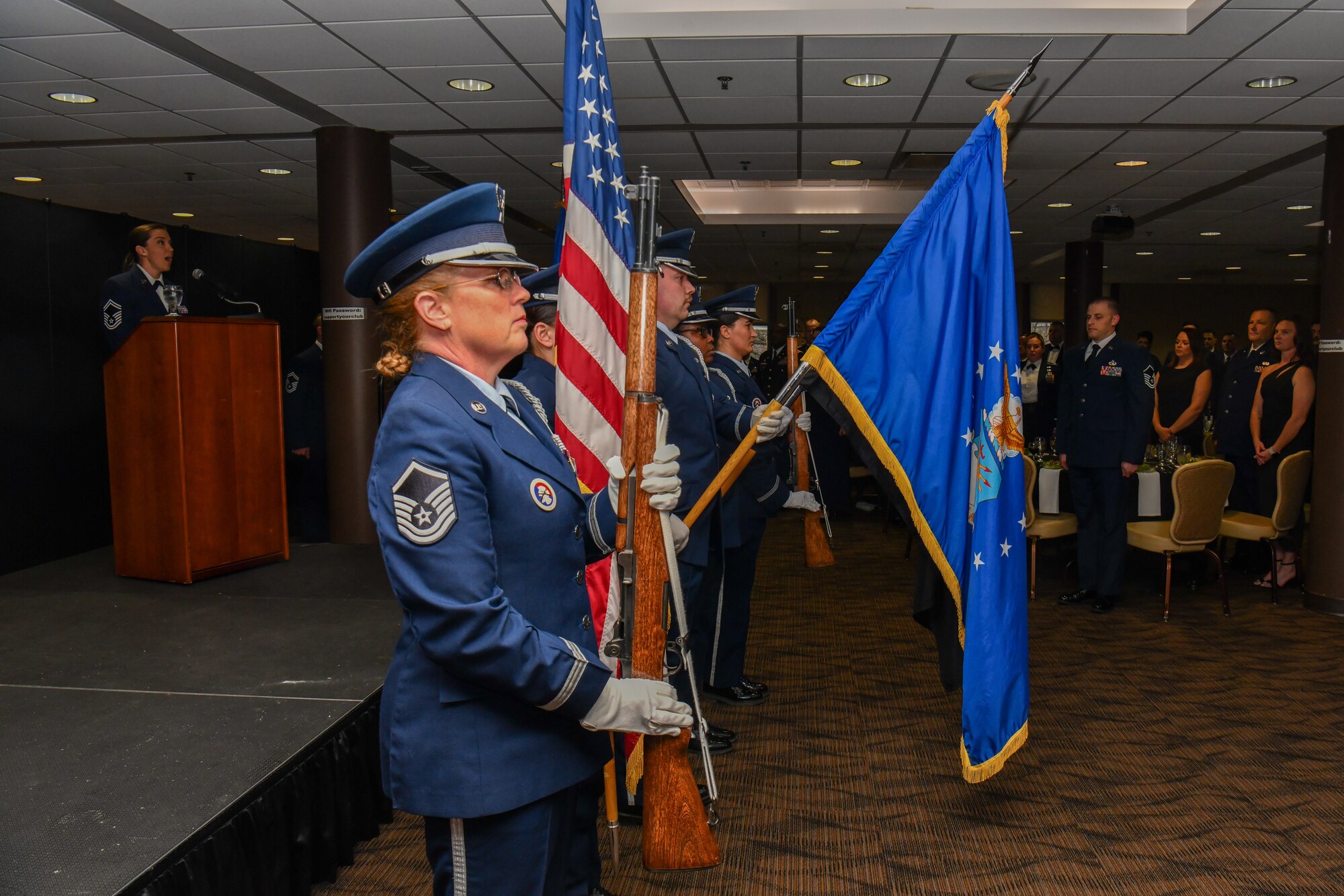 The 910th Airlift Wing Base Honor Guard posts the colors at the 910th AW annual awards banquet, March 2, 2024, at Youngstown Air Reserve Station, Ohio.