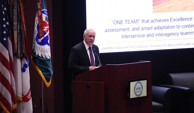 Richard P. De Fatta, deputy to the commanding general of U.S. Army Space and Missile Defense Command, speaks during the 2024 Advance Planning Briefing for Industry at the Bob Jones auditorium, March 5. The briefings, which were hosted March 5-7, assist industry, research and academic partners to plan and prepare for future requirements with government contracts. (U.S. Army photo by Ayumi Davis)