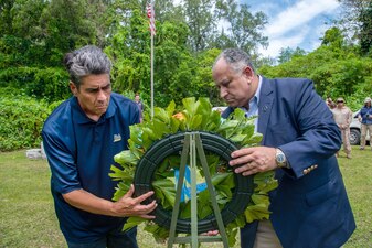 Palau President Surangel Whipps, Jr. and SECNAV Carlos Del Toro lay a wreath at the 81st Infantry Division Memorial in Peleliu, Republic of Palau.