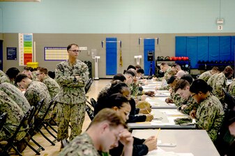 Sailors take the E-6 Navy-Wide Advancement Exam.