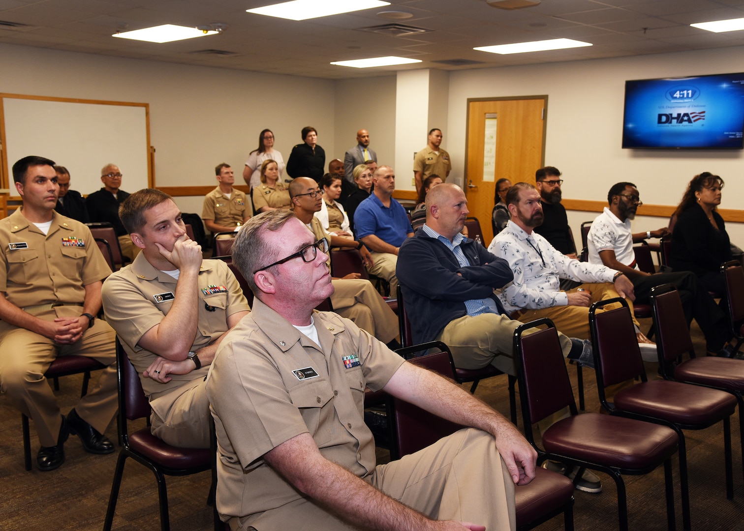 JOINT BASE SAN ANTONIO-FORT SAM HOUSTON – (March 6, 2024) – Program managers assigned to Naval Medical Research Unit (NAMRU) San Antonio attend the outbrief of the U.S. Navy’s Bureau of Medicine and Surgery (BUMED) Medical Inspector General, Capt. William Deniston at the Battlefield Health and Trauma Research Institute. Approximately 12 inspectors conducted evaluations of 40 programs and collateral duties over three days at Naval Medical Research Unit (NAMRU) San Antonio to improve command performance and processes. NAMRU San Antonio’s mission is to conduct gap driven combat casualty care, craniofacial, and directed energy research to improve survival, operational readiness, and safety of DoD personnel engaged in routine and expeditionary operations. It is one of the leading research and development laboratories for the U.S. Navy under the DoD and is one of eight subordinate research commands in the global network of laboratories operating under the Naval Medical Research Command in Silver Spring, Md. (U.S. Navy photo by Burrell Parmer, NAMRU San Antonio Public Affairs/Released)