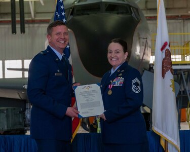 Chief Master Sgt. Amanda G. Stewart, of Nokomis, Illinois, was awarded the meritorious service medal by 126th Air Refueling Wing (ARW) Logistics Readiness Squadron Commander Lt. Col. Brad Kahrhoff, of Trenton, Illinois, during her retirement ceremony at the 126th ARW Hangar, Scott AFB, Illinois, March 3.