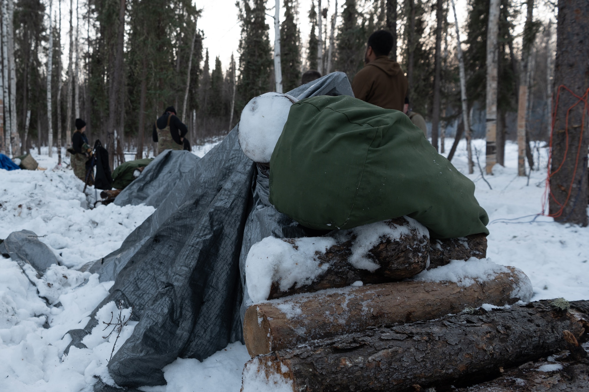 Arctic survival students of class 24-09, element one, construct A-frame shelters at the Arctic field training area on Eielson Air Force Base, Feb. 14, 2024.