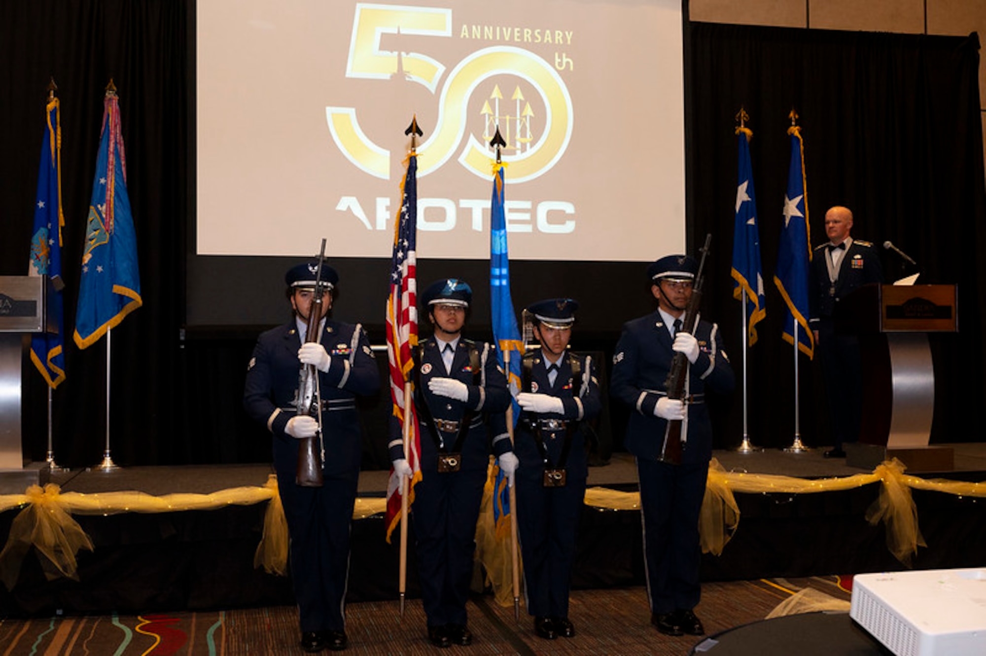 The Team Kirtland Honor Guard presents the colors at the AFOTEC 50th Anniversary Celebration held at the Sandia Resort in Albuquerque, N.M., on March 6, 2024.