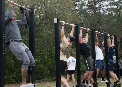 Airmen participate in the Warrior Day Murph Challenge.