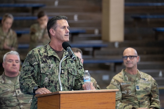 U.S. Navy Fleet Master Chief David Isom, U.S. Indo-Pacific Command senior enlisted leader (CSEL), answers questions about warfighting, leadership perspectives on readiness, and the Total Force structure at an All Call at the Bloch Arena, Joint Base Pearl Harbor Hickam, Hawaii, Mar. 5, 2024. The SEAC convened the Winter 2024 DSELC in Hawaii for top U.S. Armed Forces Enlisted leaders to engage in significant issues like Enlisted Joint Professional Military Education, the Joint Command Senior Enlisted Nominative process, as well as the warfighting and support capabilities of members’ commands in the Joint Force environment.(U.S. Navy photo by Mass Communication Specialist 1st Class Randi Brown)