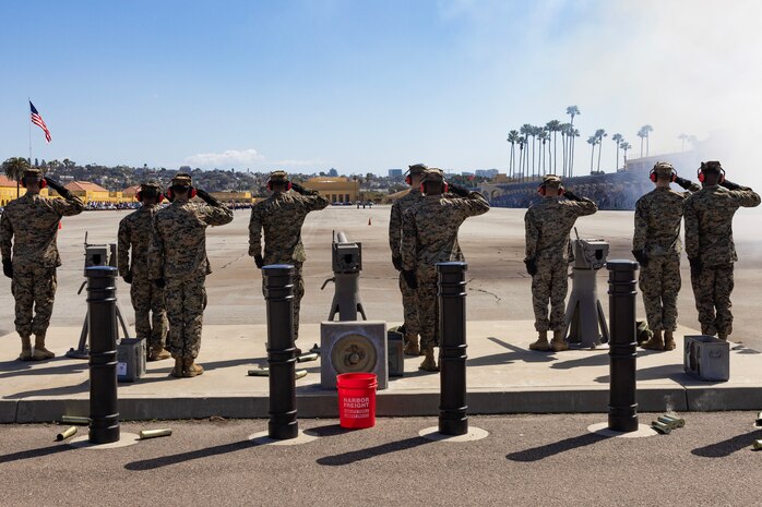 U.S. Marines with the Marine Corps Recruit Depot San Diego Funeral and Cannon Detail, fire a ceremonial 40mm cannon to honor Lt. Gen. Brian Cavanaugh, Commanding General, Fleet Marine Force, Atlantic; Commander, Marine Forces Command; and Commander, Marine Forces Northern Command at MCRD San Diego, California, Mar. 8, 2024. Cavanaugh visited the depot to participate in the graduation ceremony of Delta Company as the parade reviewing officer and was honored with a fifteen-gun salute. (U.S. Marine Corps photo by Cpl. Alexander O. Devereux)
