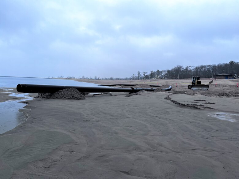 The U.S. Army Corps of Engineers, Detroit District began dredging March 8 in Muskegon Harbor to remove shoaling in the federal channel. (U.S. Army Corps of Engineers, Detroit District photo)