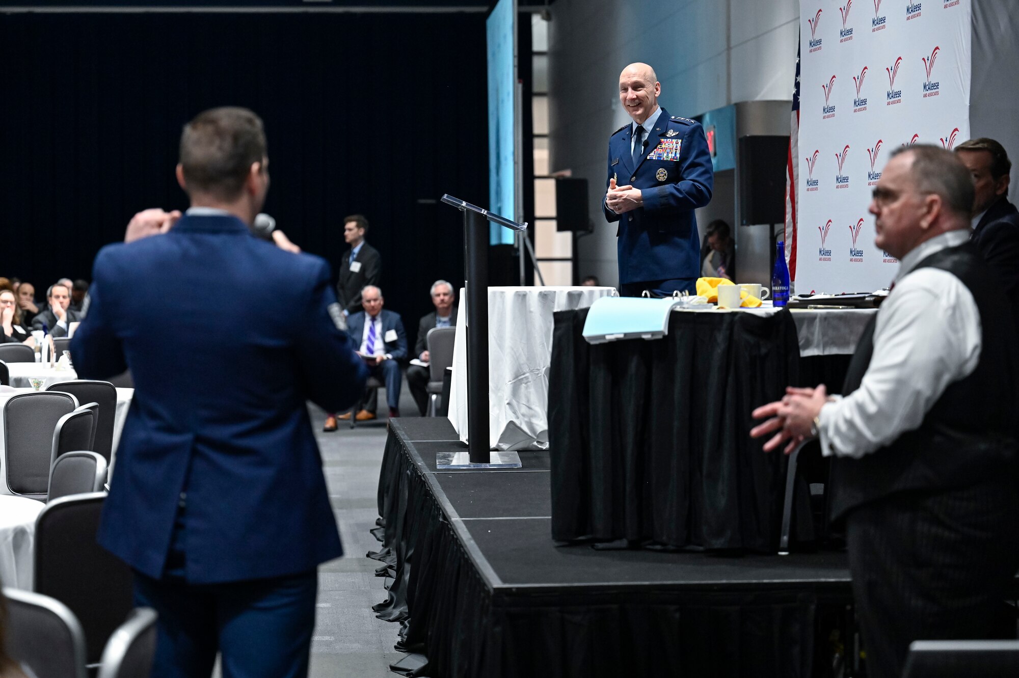 Air Force Chief of Staff Gen. David Allvin listens to a question from Air Force photojournalist Tech. Sgt. William O’Brien at the McAleese Defense Programs Conference in Washington, D.C., March 7, 2024. Allvin discussed future Air Force priorities and programs. (U.S. Air Force photo by Eric Dietrich)