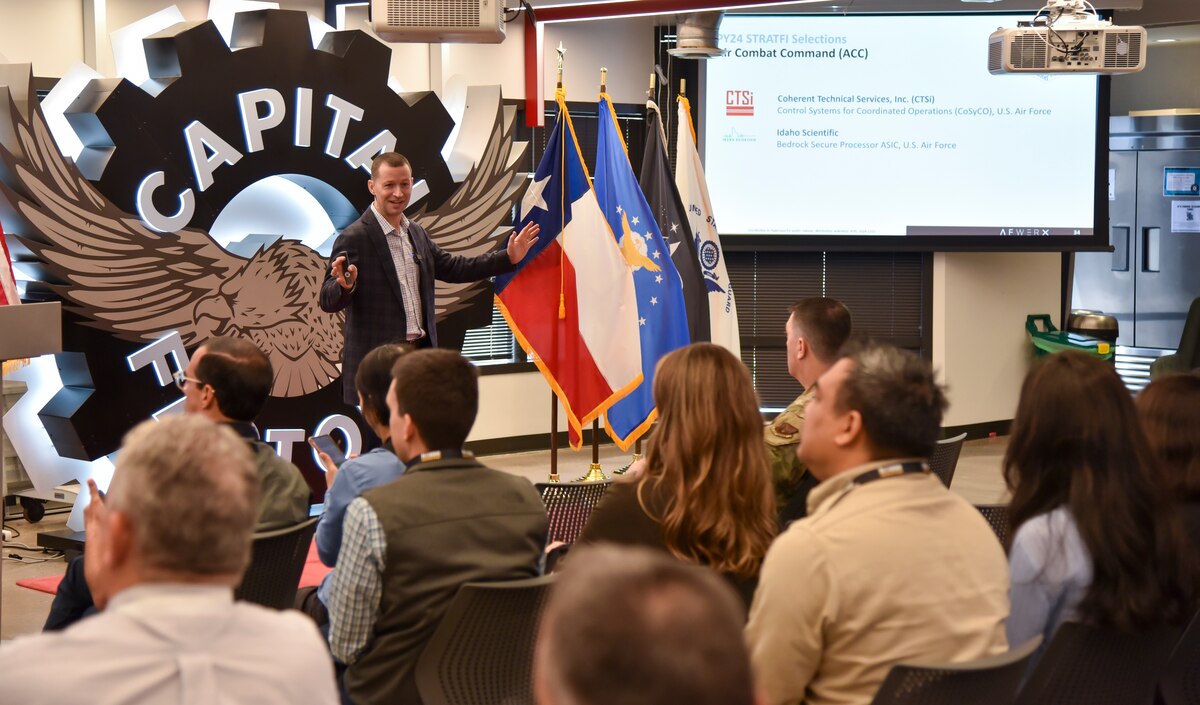 Col. Elliott Leigh, AFWERX director and chief commercialization officer for the Department of the Air Force, delivers the keynote address at South by Southwest in Austin, Texas, March 8, 2024.