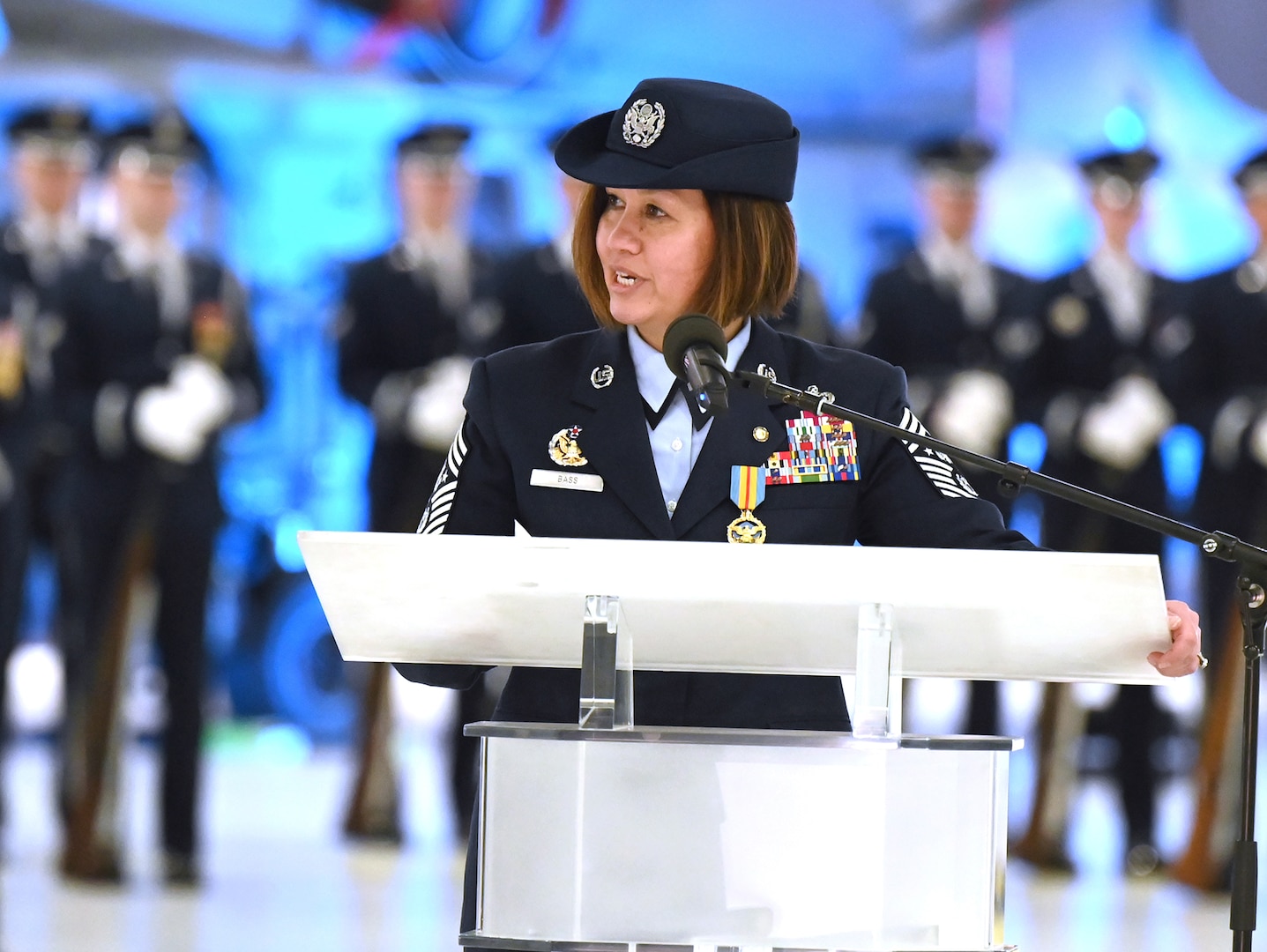 Retired Chief Master Sergeant of the Air Force JoAnne Bass addresses the audience