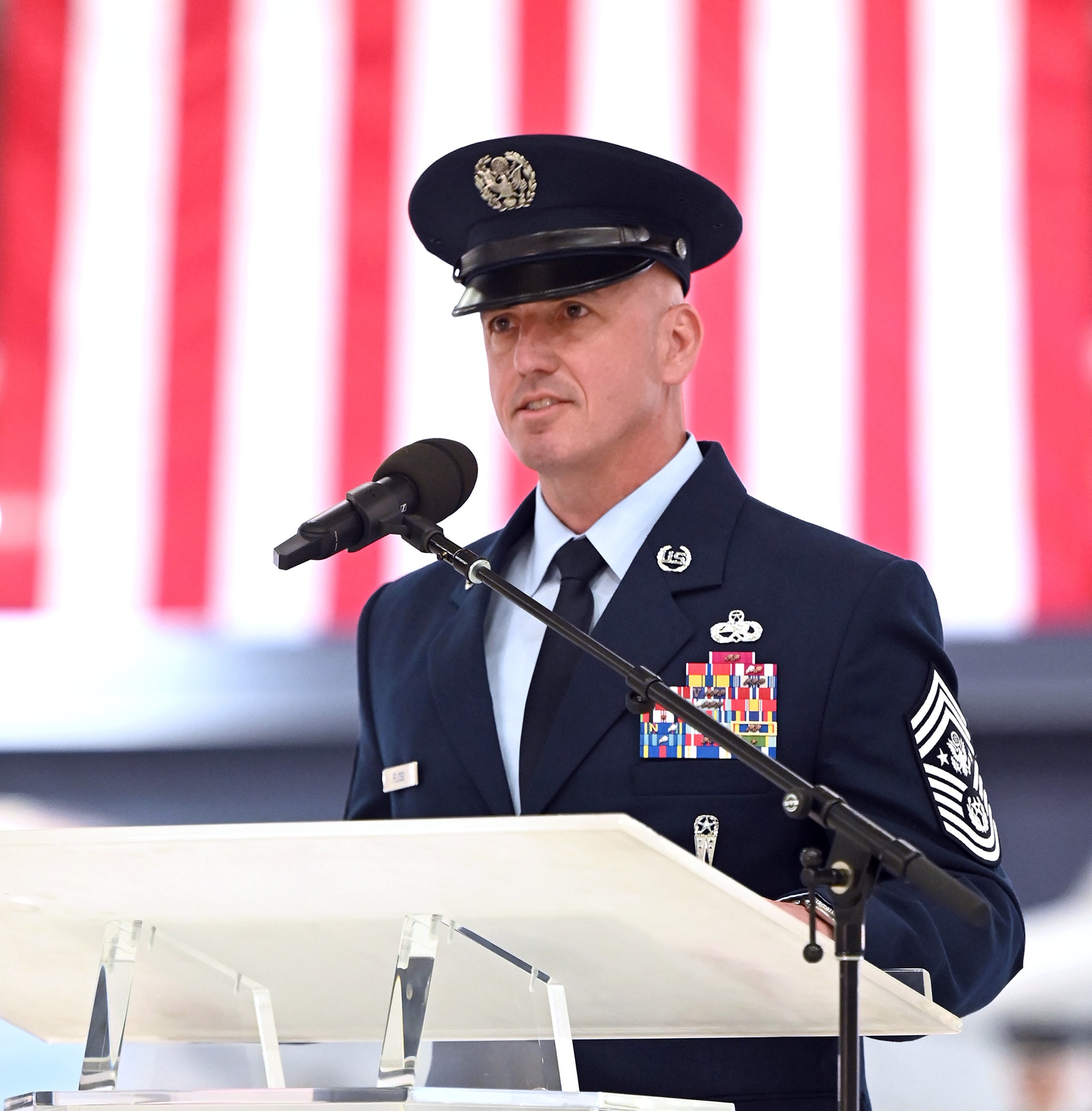 Chief Master Sergeant of the Air Force David Flosi addresses the audience during the chief master sergeant of the Air Force change of responsibility ceremony