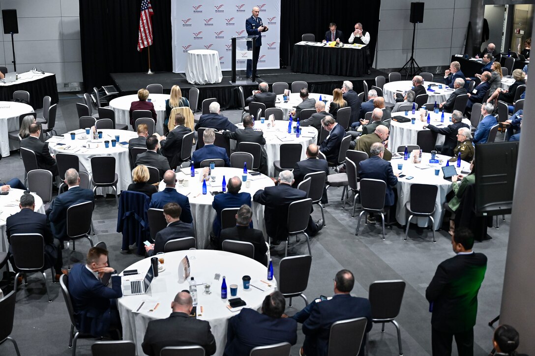 Air Force Chief of Staff Gen. David Allvin speaks at the McAleese Defense Programs Conference in Washington, D.C., March 7, 2024. Allvin discussed future Air Force priorities and programs. (U.S. Air Force photo by Eric Dietrich)