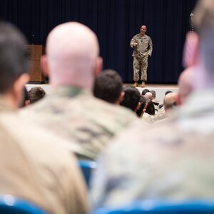 Senior enlisted leader of the Space Force speaks at an all-call