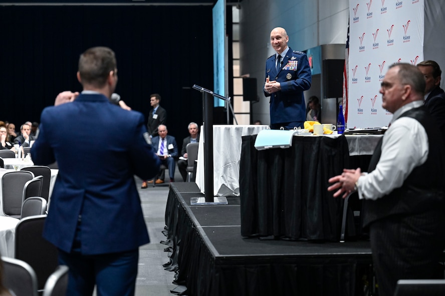 Air Force Chief of Staff Gen. David Allvin listens to a question from Air Force photojournalist Tech. Sgt. William O’Brien at the McAleese Defense Programs Conference in Washington, D.C., March 7, 2024. Allvin discussed future Air Force priorities and programs. (U.S. Air Force photo by Eric Dietrich)