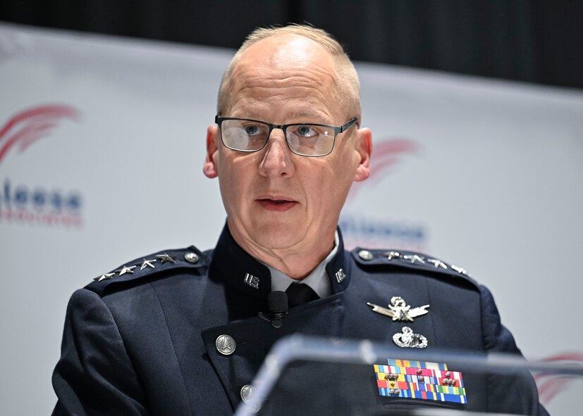 Vice Chief of Space Operations Gen. Michael Guetlein speaks at the McAleese Defense Programs Conference in Washington, D.C., March 7, 2024. Guetlein discussed future Space Force priorities and programs. (U.S. Air Force photo by Eric Dietrich)