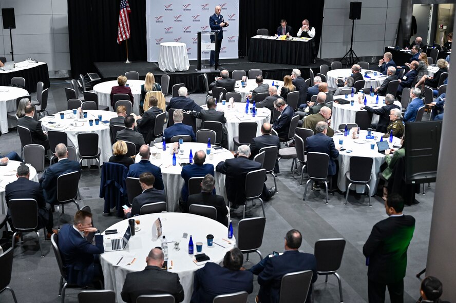 Air Force Chief of Staff Gen. David Allvin speaks at the McAleese Defense Programs Conference in Washington, D.C., March 7, 2024. Allvin discussed future Air Force priorities and programs. (U.S. Air Force photo by Eric Dietrich)