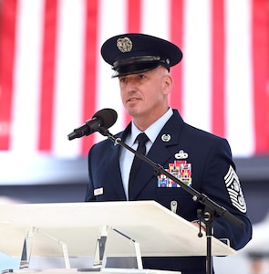 Chief Master Sergeant of the Air Force David Flosi addresses the audience during the chief master sergeant of the Air Force change of responsibility ceremony
