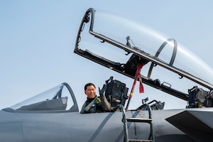 Republic of Korea Air Force Capt. Kangsan Lee, 122nd Fighter Squadron operations officer, waves upon arrival during Buddy Squadron 24-2 at Osan Air Base, Republic of Korea, March 4, 2024. The personnel trained on aerial refueling techniques along with offensive counterair suppression of enemy air defense as well as offensive counterair interdiction. The Buddy Squadron Program fosters objective-based training and improves interoperability between the U.S. and ROKAF fighter squadrons. (U.S. Air Force photo by Senior Airman Kaitlin Frazier)