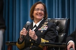 WASHINGTON, DC (March 8, 2024) - Naval Sea Systems Command (NAVSEA) and Naval Facilities Engineering Command (NAVFAC) celebrated International Women’s Day with a panel discussion featuring the Chief of Naval Operations (CNO) Adm. Lisa M. Franchetti; Deputy Under Secretary of the Navy, Management Ms. E. Anne Sandel; Executive Director, Commander, Navy Installations Command Mr. Timothy K. Bridges; Commandant, Naval District Washington, Rear Adm. Nancy Lacore; and Assistant Deputy CNO, Plans and Strategy, Office of the CNO Rear Adm. Heidi Berg. The event was held in the Humphreys auditorium at the Washington Navy Yard.