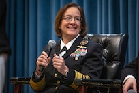 Naval Sea Systems Command (NAVSEA) and Naval Facilities Engineering Command (NAVFAC) celebrated International Women’s Day with a panel discussion featuring the Chief of Naval Operations (CNO) Adm. Lisa M. Franchetti; Deputy Under Secretary of the Navy, Management Ms. E. Anne Sandel; Executive Director, Commander, Navy Installations Command Mr. Timothy K. Bridges; Commandant, Naval District Washington, Rear Adm. Nancy Lacore; and Assistant Deputy CNO, Plans and Strategy, Office of the CNO Rear Adm. Heidi Berg