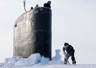 USS Hampton (SSN 767) at Ice Camp Whale in the Beaufort Sea during Ice Camp 2024.