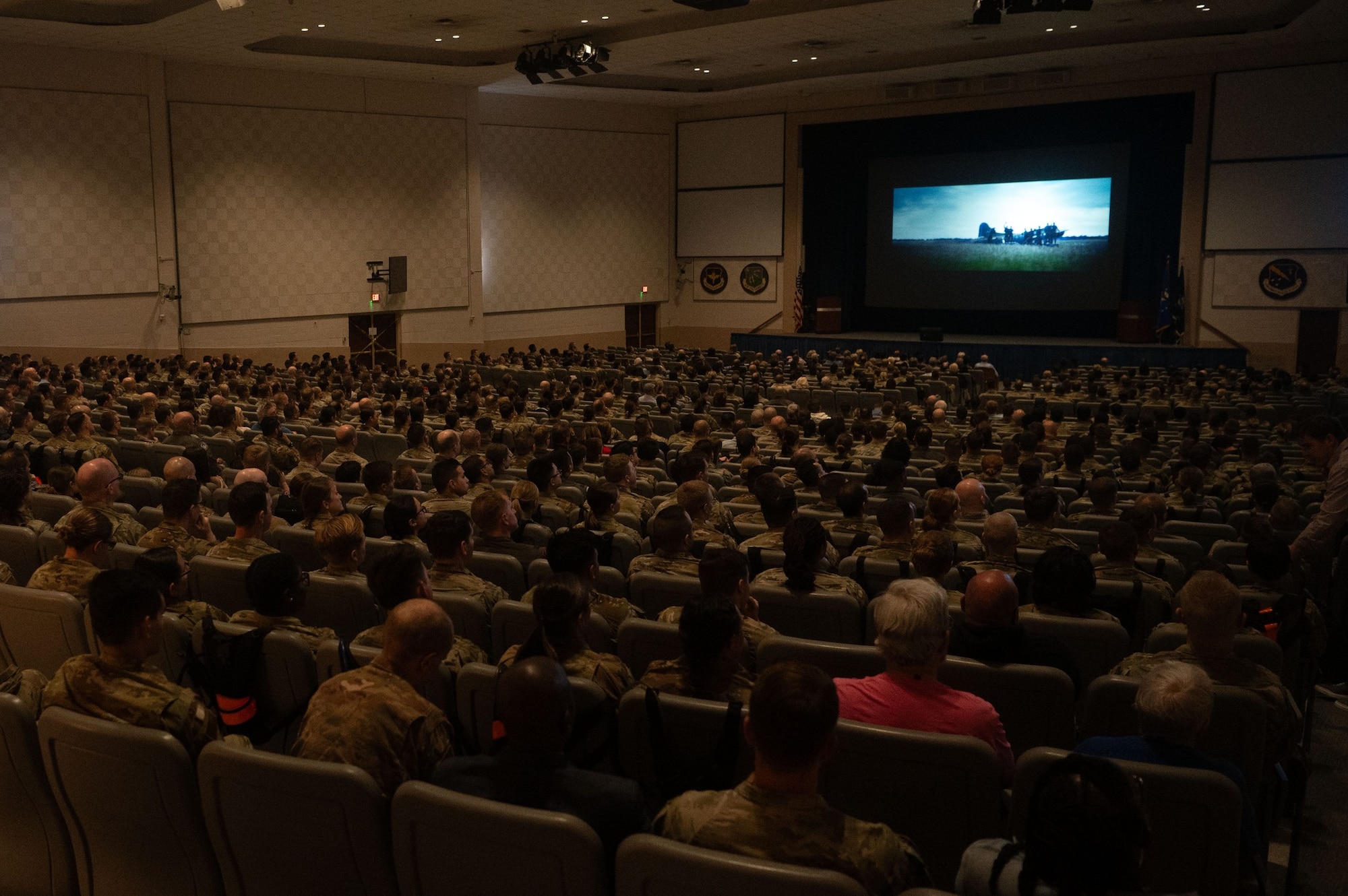 Airman from Maxwell watch Masters of the Air Screening at Maxwell Air Force Base, March 8, 2024. The screening, held at the Squadron Officer School’s Polifka Auditorium, consisted mainly of active-duty military, veterans, base leadership, faculty and students filled the hall as the final installments of the series filled the air. This included the yet to be released final episode, which will be released on Apple TV, March 15.