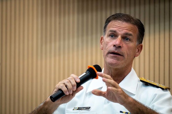 Adm. John C. Aquilino, Commander of U.S. Indo-Pacific Command, speaks with officers attending the Goh Keng Swee Command and Staff College in Singapore on March 8, 2024. For more than 55 years, the U.S. and Singapore have forged an expansive and enduring relationship based on mutual economic interests, robust security and defense cooperation, and enduring people-to-people ties, making Singapore one of the strongest bilateral partners to the U.S. in Southeast Asia. USINDOPACOM is committed to enhancing stability in the Indo-Pacific region by promoting security cooperation, encouraging peaceful development, responding to contingencies, deterring aggression and, when necessary, fighting to win. (U.S. Navy photo by Chief Mass Communication Specialist Shannon M. Smith)