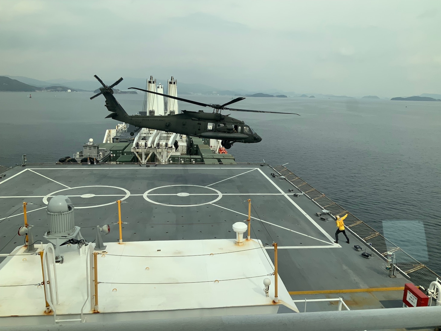 U.S. Army UH-60M Black Hawk helicopter with 2nd Battalion, 2nd Aviation Regiment, 2nd Combat Aviation Brigade takes off from prepositioning ship USNS Dahl (T-AKR 312), March 7. (Courtesy photo)