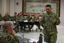 ROTA, Spain (Mar. 5, 2024) Johannes J. Gonzalez, U.S. Naval Forces Europe-Africa Fleet Master Chief, addresses attendees at the Command Senior Enlisted Leadership Mess Symposium (CSEL) held at Naval Station Rota, Spain, Mar. 5, 2024. The Command Senior Enlisted Leadership Mess Symposium, a three-day conference hosting military senior enlisted leaders and national delegates from twenty-five nations, concludes on Mar. 7, 2024 in Rota, Spain.