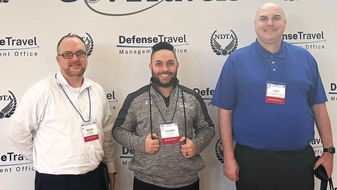 Trevor Draut, Giovanni Morales and Justin Riker of DLA Troop Support Defense Support Travel team in Alexandria, Virginia for the 2024 GovTravels Symposium.