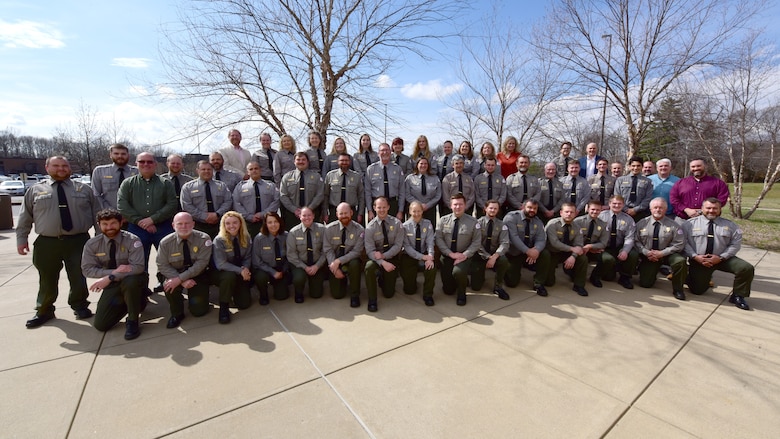 U.S. Army Corps of Engineers Nashville District park rangers that work at the 10 lakes the district operates in the Cumberland River Basin pose together March 5, 2024, during the Park Ranger Workshop in Paducah, Kentucky. (USACE Photo by Lee Roberts)