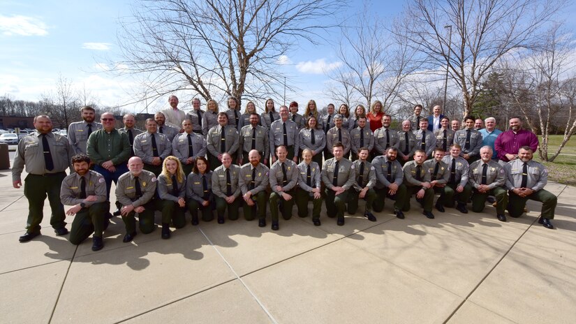 U.S. Army Corps of Engineers Nashville District park rangers that work at the 10 lakes the district operates in the Cumberland River Basin pose together March 5, 2024, during the Park Ranger Workshop in Paducah, Kentucky. (USACE Photo by Lee Roberts)