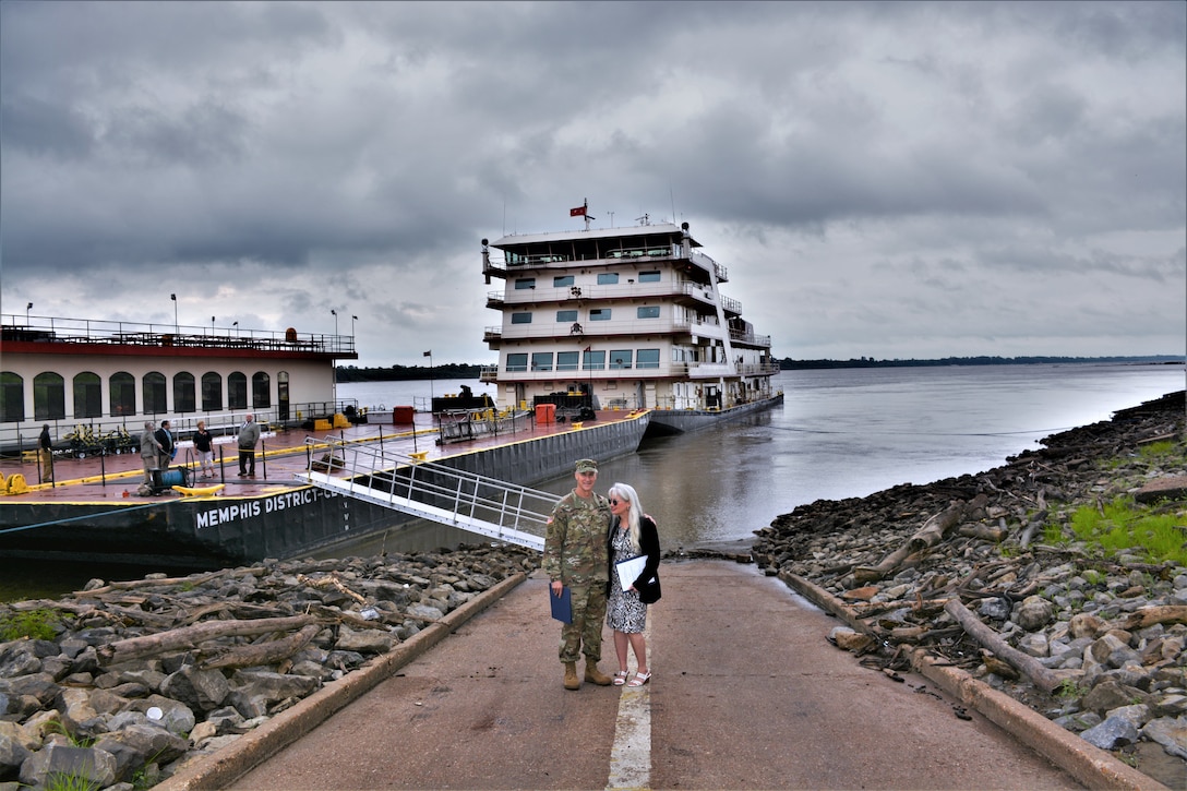 U.S. Army Corps of Engineers' Deputy Commanding General and Mississippi River Commission President, Maj. Gen. Michael Wehr, and the Honorable Norma Jean Mattei, Ph.D., Mississippi River Commissioner, on the Caruthersville Mississippi River boat ramp following a site visit to the Caruthersville Floodwall.