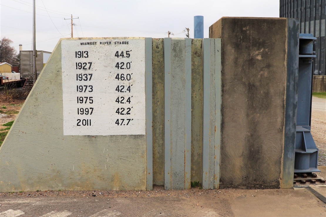 Historic Mississippi River stages painted on the interior (landside) of the Ward Avenue floodwall opening.