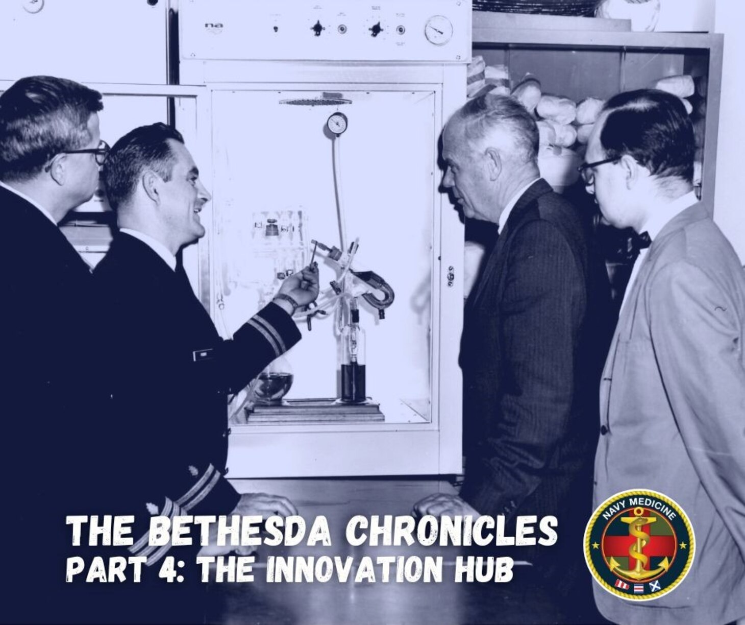 “Guest scientist” Charles Lindbergh (right) discusses his glass perfusion pump with personnel from the Naval Medical Research Institute (NMRI) and the Navy Tissue Bank in 1968.  BUMED Archives.