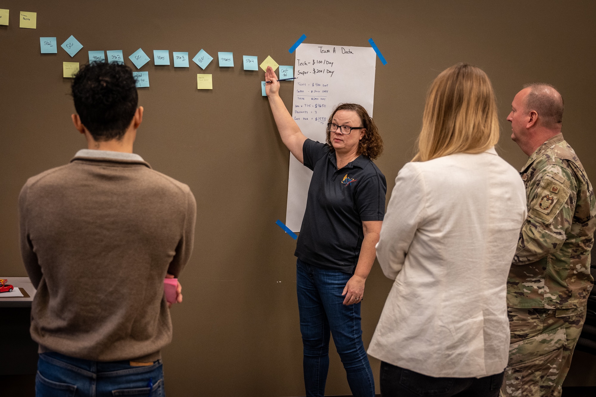 Process Improver Pipeline Coach Darla Kelly, the lead instructor of the Power of Practical Problem Solving one-day workshop, discusses a group’s analysis of the reasons for continued failures in their assembly lines and ways to improve the process, Jan. 25, 2024, Scott Air Force Base, Illinois.  (U.S. Air Force photo by Christopher Parr)