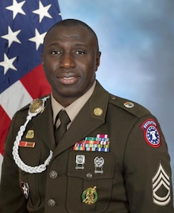 U.S. Army Soldier in AGSU Uniform in front of an American Flag