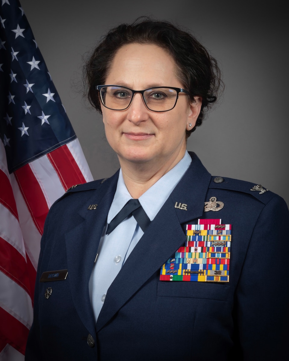 U.S. Air Force Col. Diana Brown stands for an official portrait on Joint Base McGuire-Dix-Lakehurst, New Jersey, March 11, 2024.