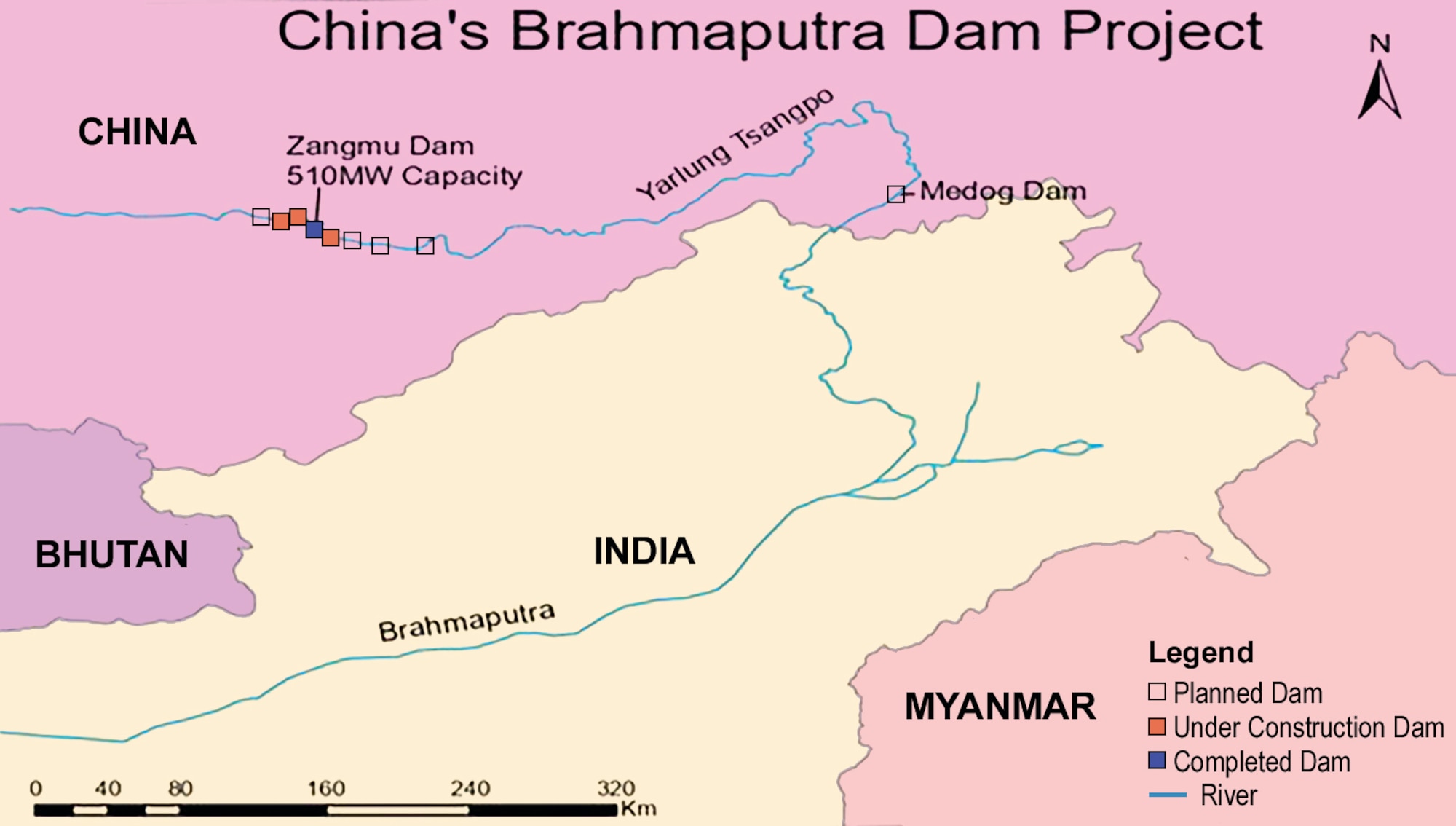 Manhas & Lad fig. 3 Map depicting China’s dam projects on River Yarlung Tsangpo (Brahmaputra)