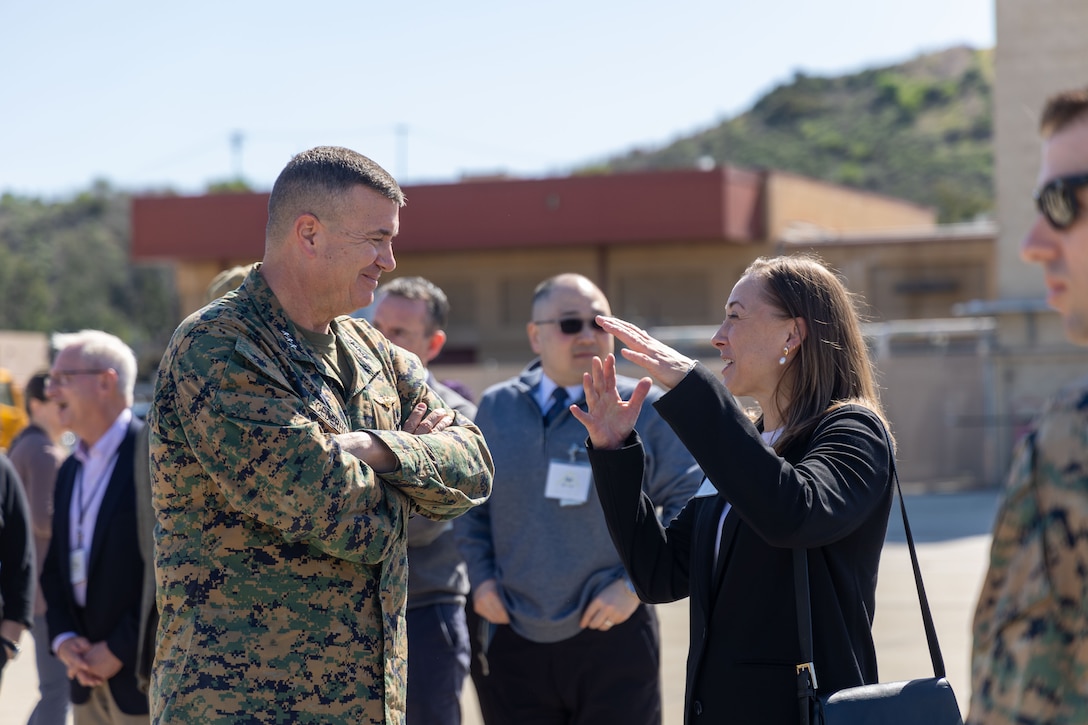 U.S. Marine Corps Lt. Gen. Michael S. Cederholm, commanding general of I Marine Expeditionary Force speaks with bs participants of the Advanced Professional Executive Senior Executive Orientation Program at Marine Corps Base Camp Pendleton, California, March 8, 2024. The APEX program is designed to provide newly appointed executives with a practical and theoretical understanding of jointness, DOD organization and mission critical processes. I MEF provides the Marine Corps a globally responsive, expeditionary, and fully scalable Marine Air-Ground Task Force, capable of generating, deploying, and employing ready forces and formations for crisis response, forward presence, major combat operations, and campaigns.   (U.S. Marine Corps photo by Cpl. Gabrielle Zagorski)