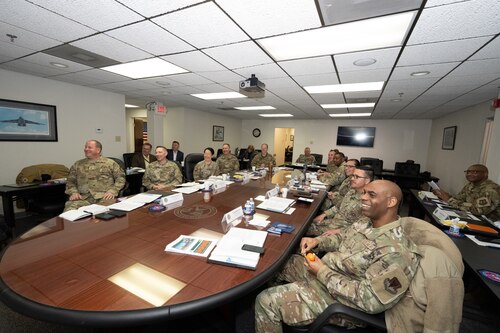 Installation leaders are briefed  during the Department of the Air Force California Installation Commanders' Caucus.