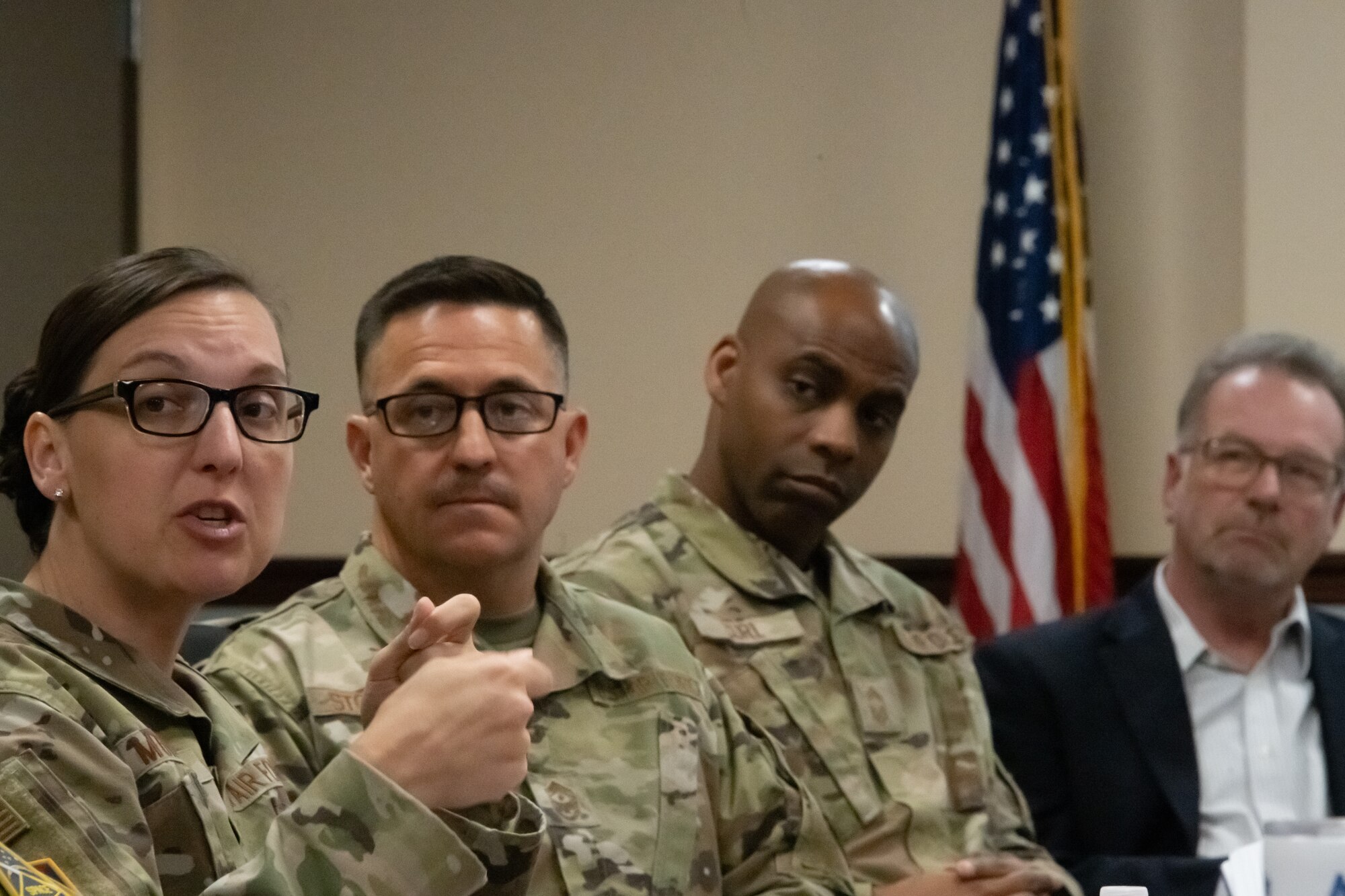 Chief Master Sgt. Sara Morgan addresses attendees during the Department of the Air Force California Installation Commanders' Caucus.