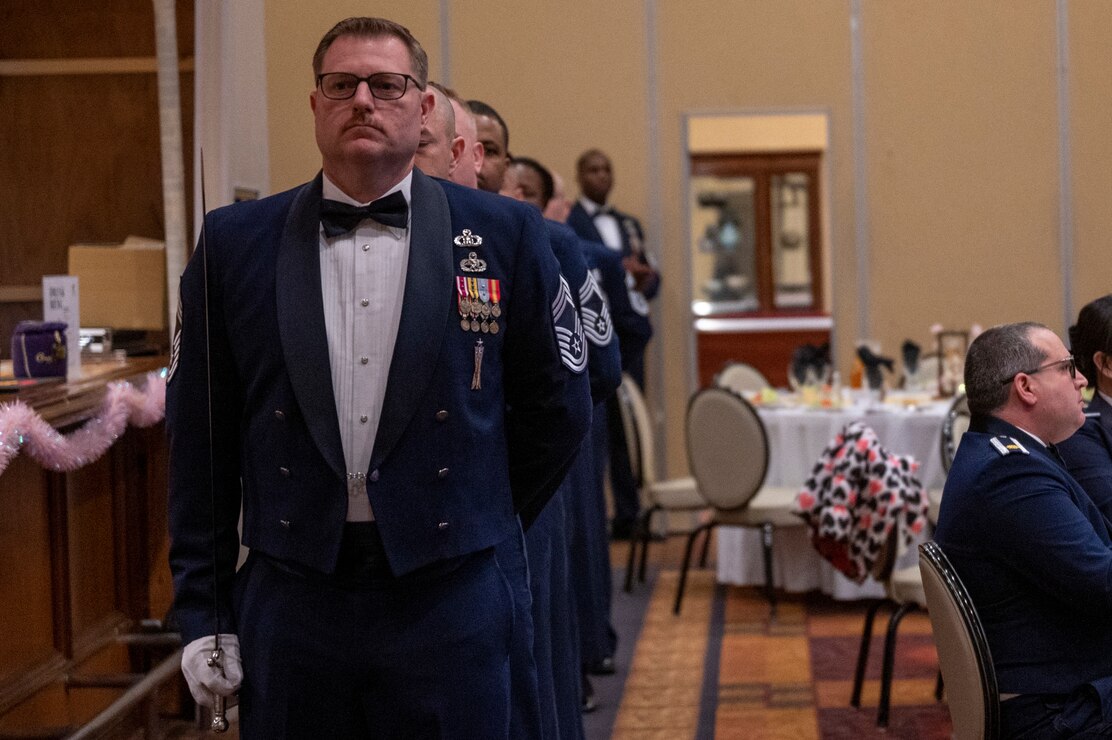 U.S. Air Force Chief Master Sgt. Daniel Reed, Saber Team lead, leads the Saber team during a Chief Master Sergeant Recognition Ceremony at Misawa Air Base, Japan, March 9, 2024.