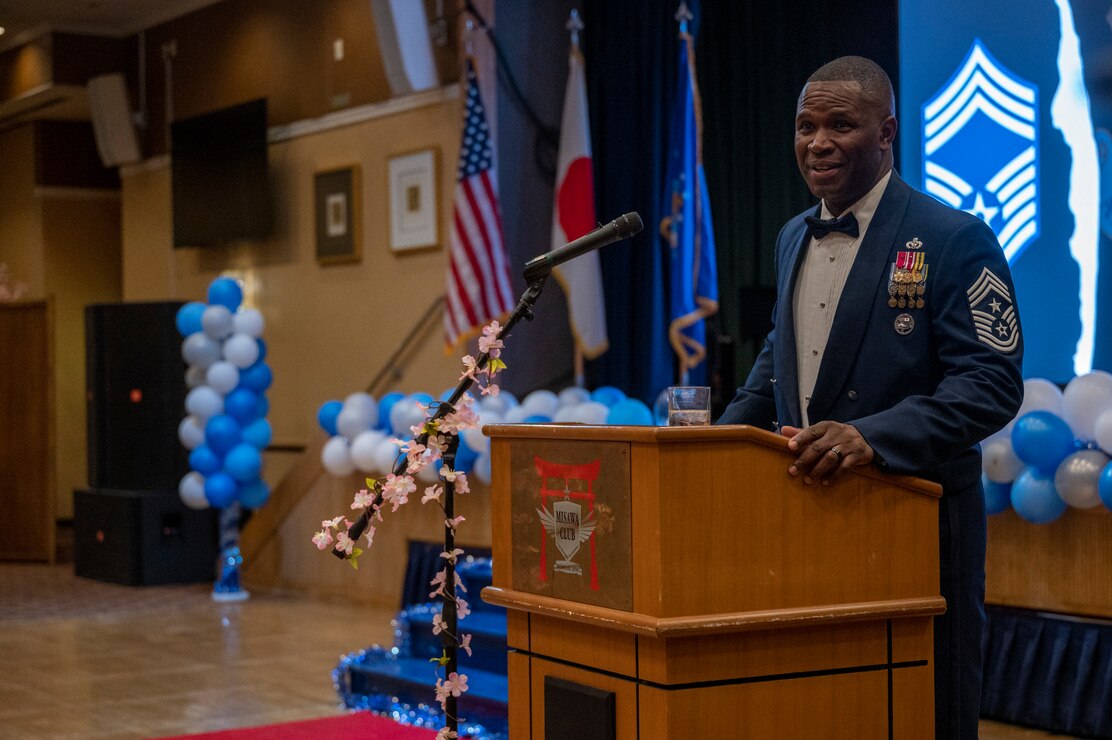 U.S. Air Force Chief Master Sgt. Leon Calloway, United States Forces Japan (USFJ) senior enlisted leader, gives a speech during a Chief Master Sergeant Recognition Ceremony at Misawa Air Base, Japan, March 9, 2024.